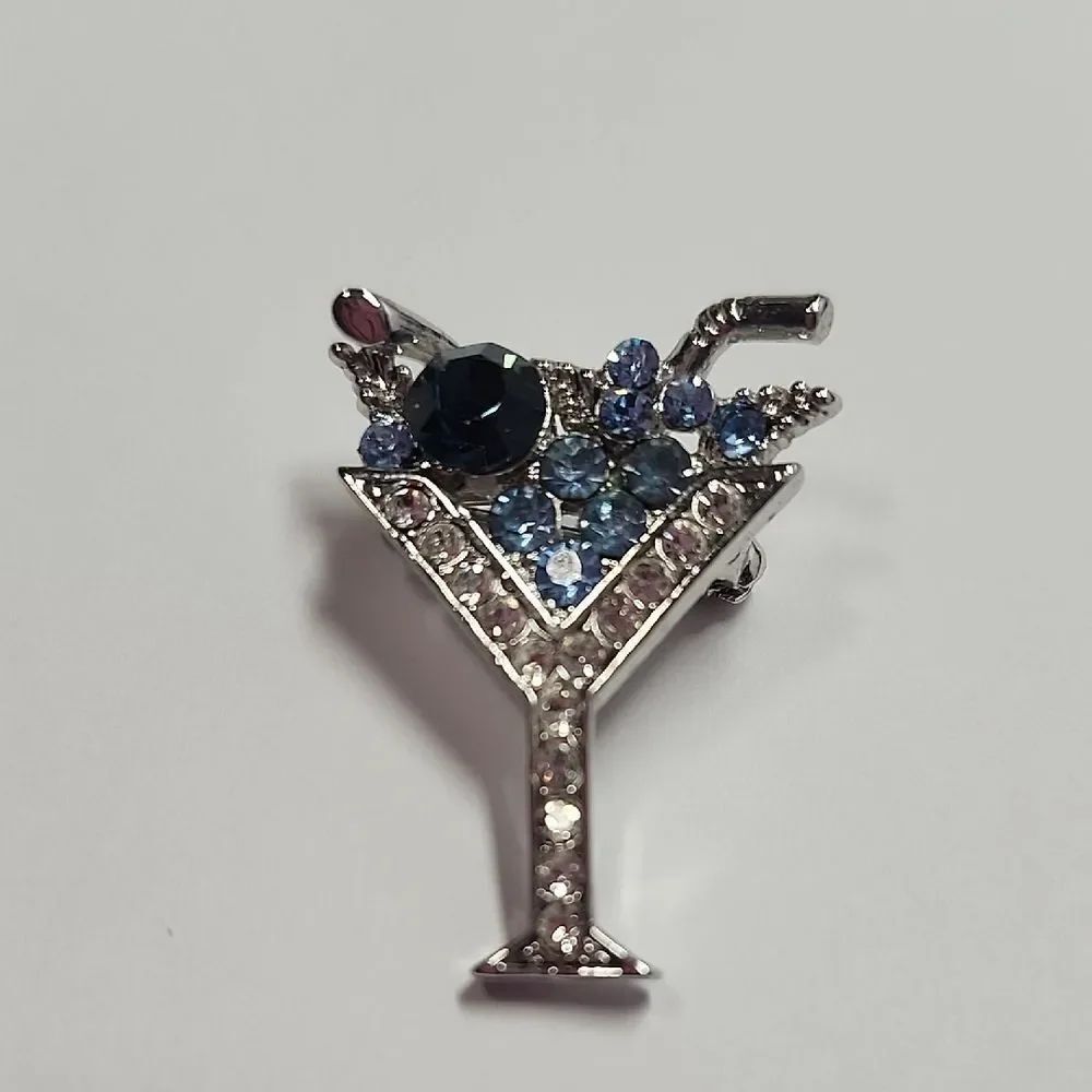 Silver-Tone Blue Crystal Martini Brooch - Women Jewelry